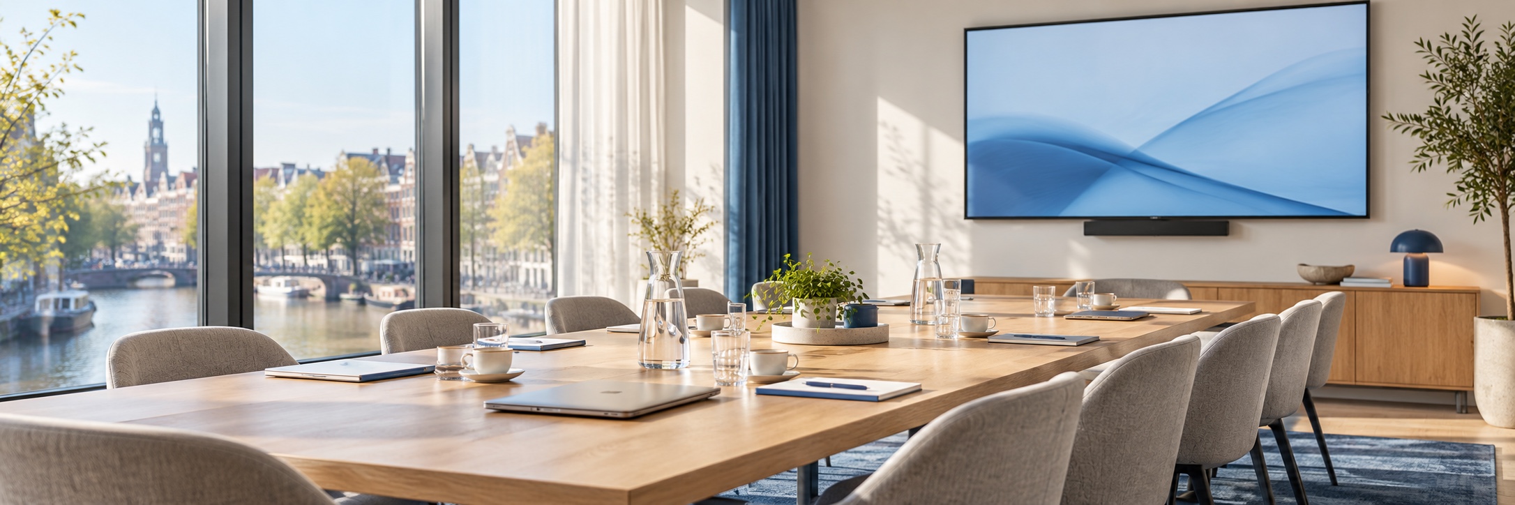 Bright meeting room with a large table and a canal view